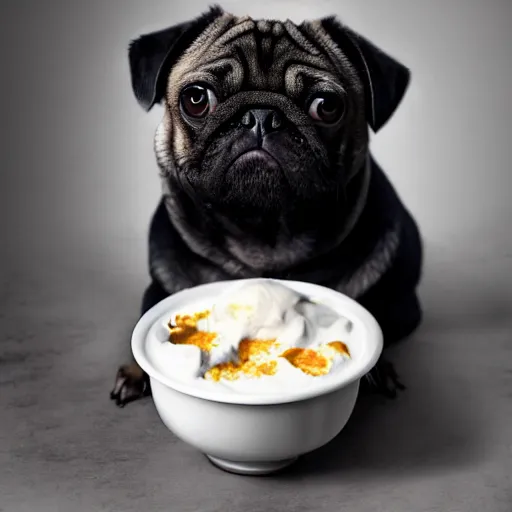 Image similar to a pug sitting in a bowl of yogurt, covered in yogurt, trending on artstation, high resolution photo,