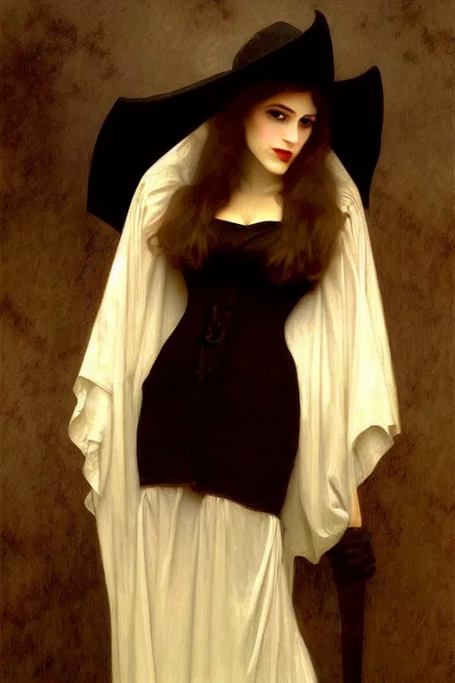 Image similar to vampire in a big hat, painting by rossetti bouguereau, detailed art, artstation