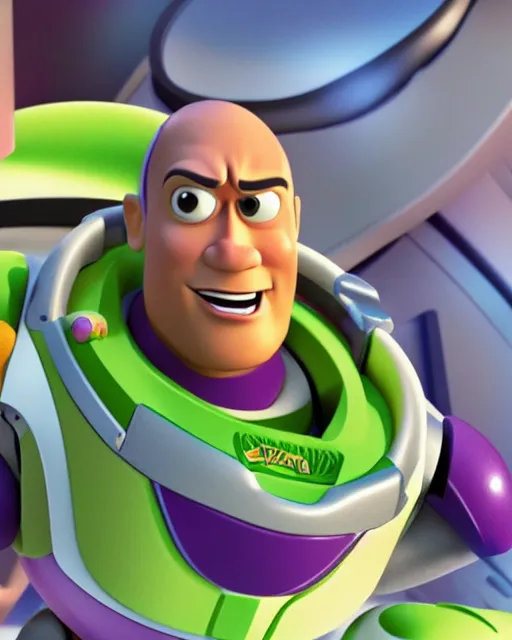 Image similar to Film still close-up shot of Dwayne Johnson as Buzz Lightyear in the movie Toy Story 3. Photographic, photography