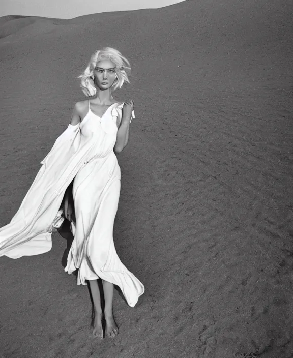 Prompt: blonde woman in the desert, white dress, by norman parkinson