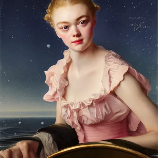 Image similar to leyendecker and peter paul rubens, head and shoulders portrait of a elle fanning, nighttime, on a boat at sea, moon reflection on water, dreamy pink clouds, unreal engine, fantasy art by global illumination, radiant light, detailed and intricate environment