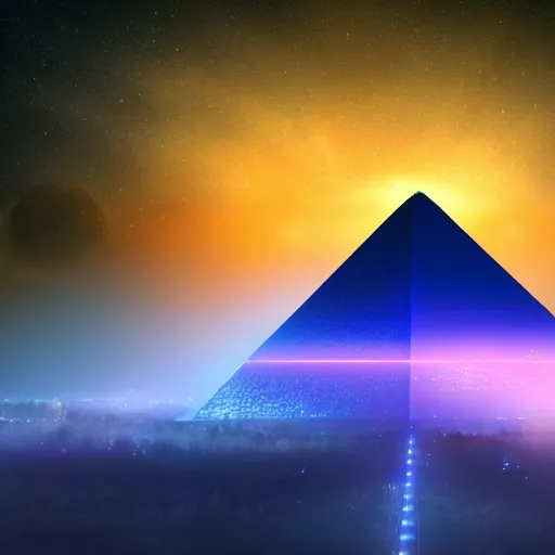 Prompt: big pyramid with blue glow lights and fog in background, huge spaceship in sky, cinematic looking, drama, scary