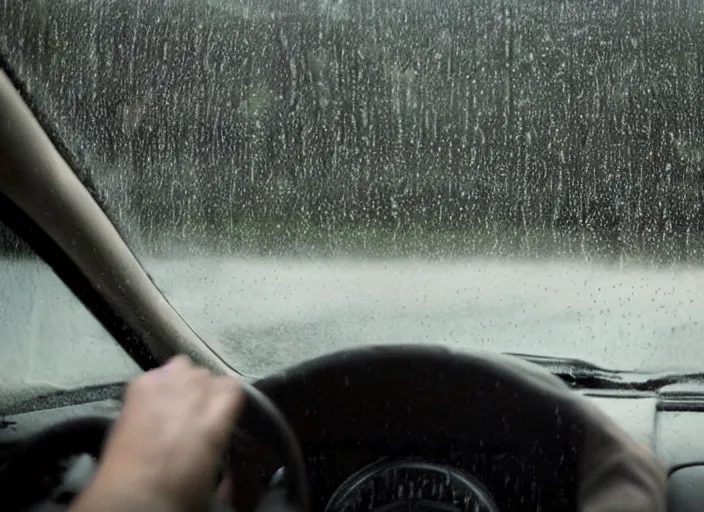 Image similar to A very high resolution image from a new movie, inside of a car, raining, hot, directed by wes anderson