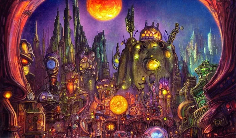 Prompt: fantasycore. magic the gathering art. street view of 1950s machinarium cityscape at night by Josephine Wall and Roger Dean and Moebius. cute gigantic 1950s robots. cel-shaded. glossy painting.