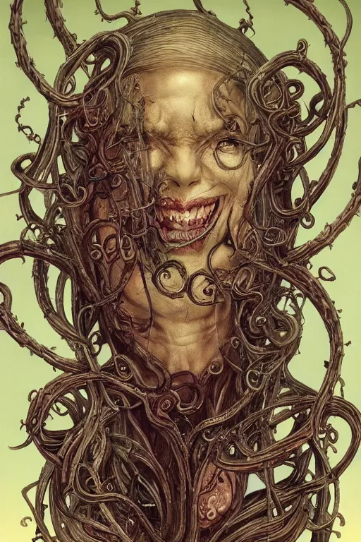 Image similar to centered beautiful detailed side view profile portrait of a insane, crazed, mad elderly woman, ornate tentacles growing around, ornamentation, thorns, vines, tentacles, elegant, beautifully soft lit, full frame, by wayne barlowe, peter mohrbacher, kelly mckernan, h r giger