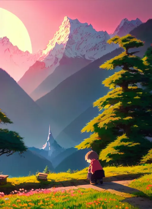 Image similar to a wholesome animation key shot, swiss alps peaks in the background, cherry blossoms in the foreground, studio ghibli, pixar and disney animation, sharp, rendered in unreal engine 5, anime key art by greg rutkowski, bloom, dramatic lighting