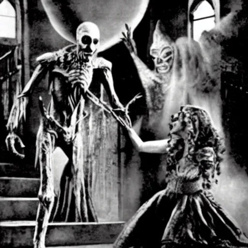 Image similar to vintage universal monster movie, the giant humanoid crab monster attacks a screaming woman inside a spooky gothic mansion