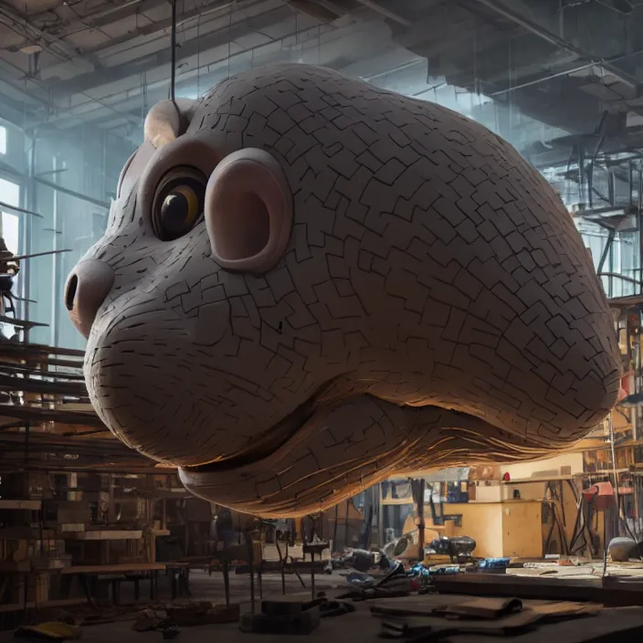 Prompt: crew of humans building giant mouse head in workshop, octane render, 4 k ultra hd, hyper - detailed, realistic, sharp focus, in style of beeple