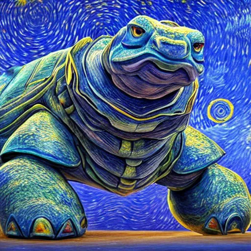 Image similar to highly detailed 3 d blastoise, the background is the starry nights by van gogh, oil - on - canvas painting, hdr, 4 k