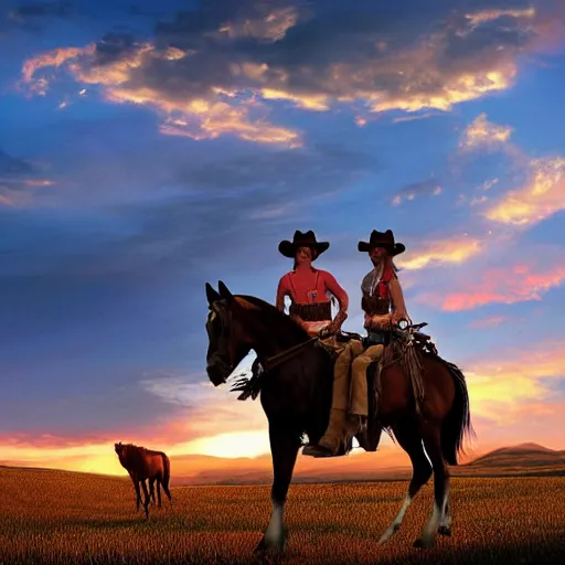 Image similar to a dodgy cowgirl wrangles her horse in a dusty old town in the old west, jumpy horses in the nearby hills, a sunset over the range, digital art