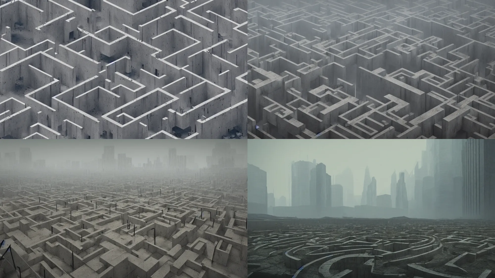 Prompt: a giant dystopian maze of concrete, ground view, octane render, fog, 4 k, trending on artstation, award - winning, art by greg rutkowski