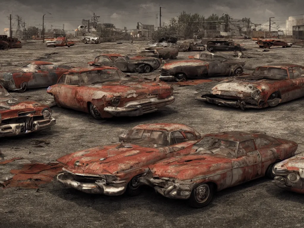 Image similar to an abandoned junkjard full of rusty dream cars from the fifties, 1 6 mm wideangle lens, volumetric lighting, octane render, artstation