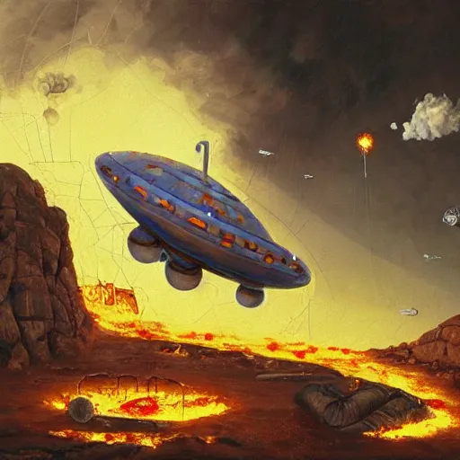 Image similar to a greek spaceship, stuck in the ground, the spaceship is on fire, smoke, rainstorm, lightning, angry, kinetic, adolphe bouguereaum, norman rockwell, trending on artstation, highly detailed oil painting,