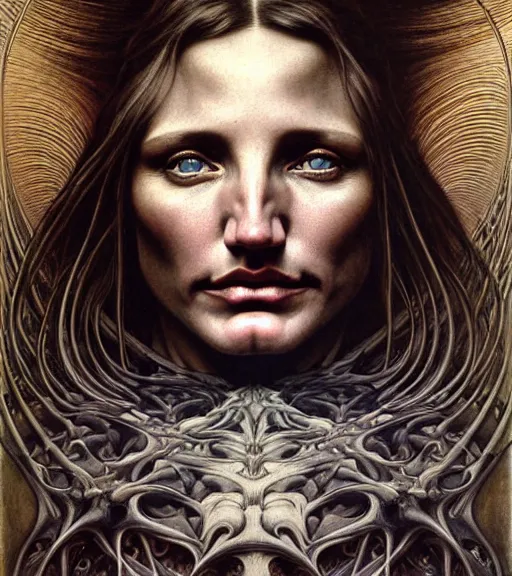 Image similar to detailed realistic cameron diaz face portrait by jean delville, gustave dore and marco mazzoni, art nouveau, symbolist, visionary, gothic, pre - raphaelite. horizontal symmetry by zdzisław beksinski, iris van herpen, raymond swanland and alphonse mucha. highly detailed, hyper - real, beautiful, fractal baroque