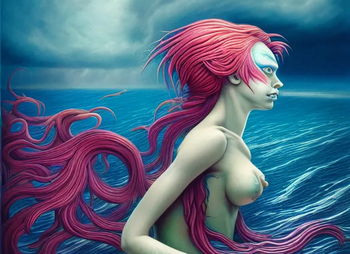 Prompt: realistic detailed image of a mermaid with rainbow hair swimming in an angry, stormy sea, anime art, anime, inspired by Mark Ryden and Zdzislaw Beksinski and Zdzislaw Beksinski, gothic, rich deep colors. A masterpiece.