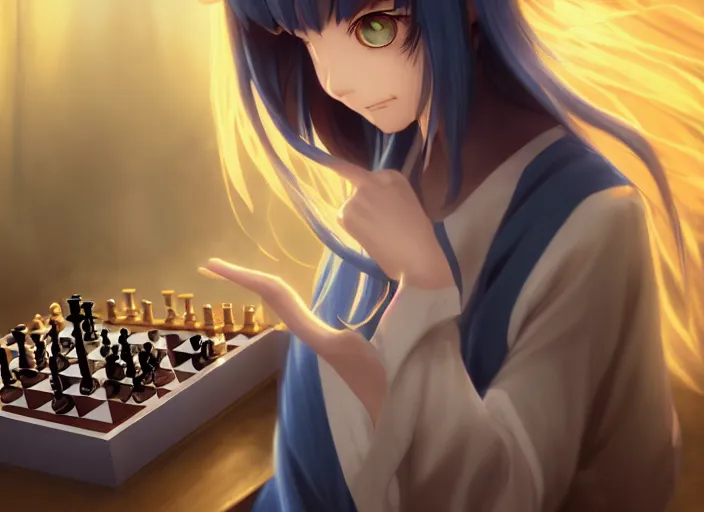 Prompt: rimuru playing chess, with amber eyes of golden colored eyes, straight hair, sky blue hair, long bangs, high collar, concept art, award winning photography, digital painting, cinematic, by wlop, anime key visual, wlop, 8 k, by ross tran, tom bagshaw, andy warhol