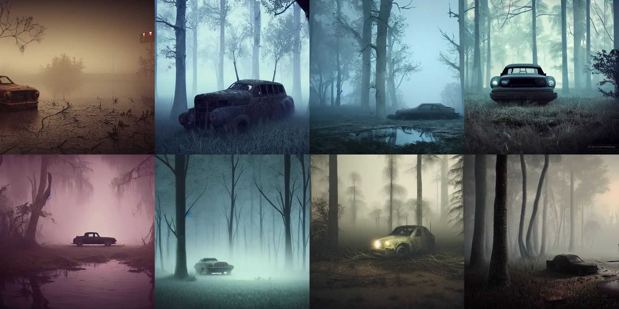 Prompt: beautiful dark creepy foggy swamp landscape, old abandoned car sinking, in the style of beeple and Mike Winkelmann, intricate, epic lighting, cinematic composition, hyper realistic, 8k resolution, unreal engine 5,