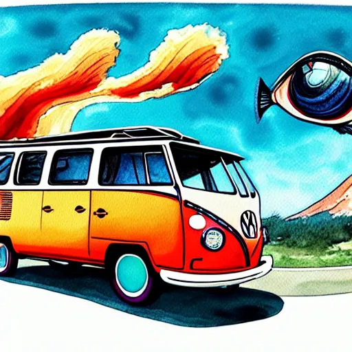 Image similar to a fisheye perspective caricature watercolor painting of a vw volkswagen bus, camper, bulli, type - 2, microbus, kombi, flying towards the camera, jumping at the viewer, dynamic action shot, fish eye lense, frontal, a dramatically erupting vulcano is seen in the background