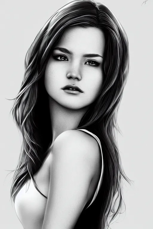 Image similar to full body portrait of a beautiful young woman in black and white, photorealistic, hair down to waist, sharp focus, in the style of Kevin Kostic, Stephen Lau and artgerm, hyper sharp focus, 8k highly detailed