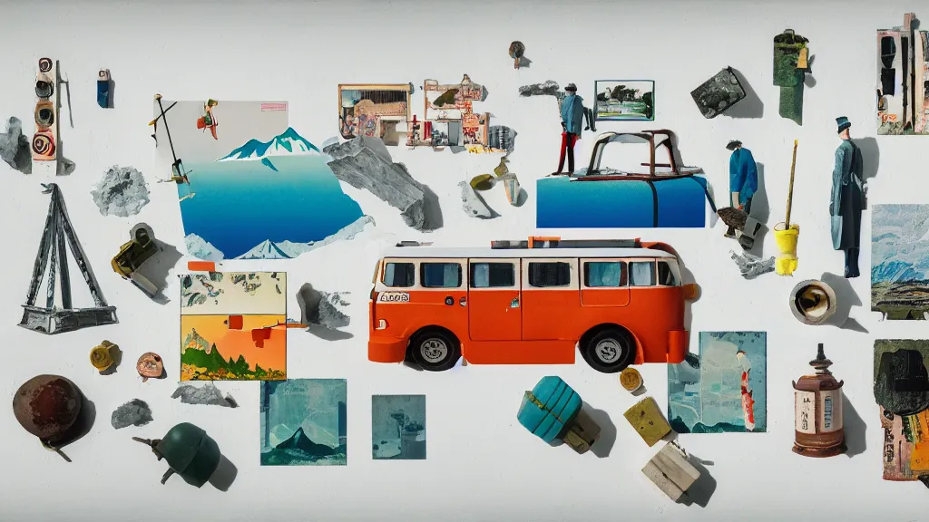 Image similar to an arrangement of explorer traveller props, hokkaido prefecture japan, a collage painting, in the style of wes anderson, lola dupre, david hockney, isolated on negative white space background dark monochrome neon spraypaint accents volumetric octane render