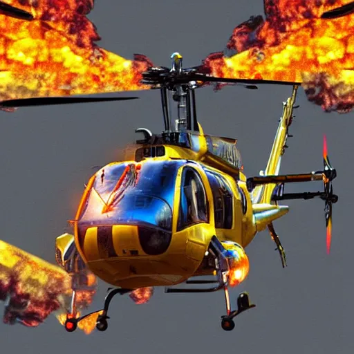 Prompt: helicopter on fire flies into the building, yellow colors, digital art