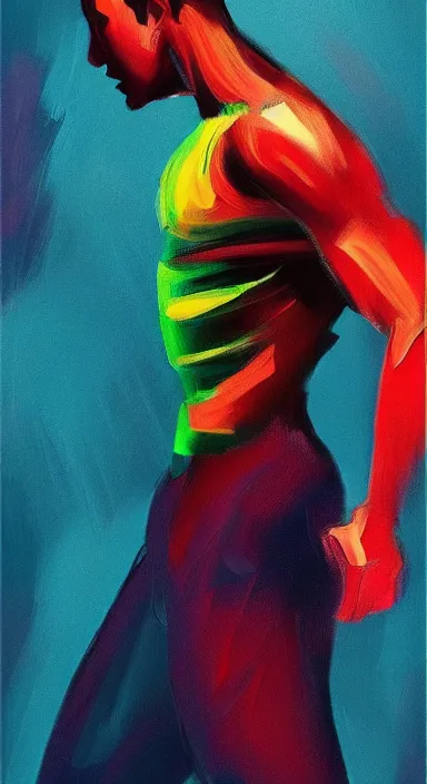 Image similar to very dark background, a thin, athletic physique man's body made of bright colored thick flowing dramatic brush strokes, no face, strong wind, matte colors, impressionist, extreme motion, trending on artstation