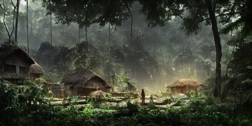 Prompt: high contrast render of a village hidden in the jungle by greg rutkowski, octane render, 8 k, artstation