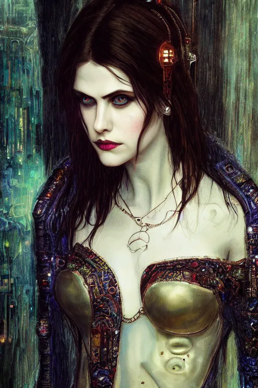 Image similar to portrait of beautiful gothic Alexandra Daddario, cyberpunk, Warhammer, highly detailed, artstation, illustration, art by Gustav Klimt