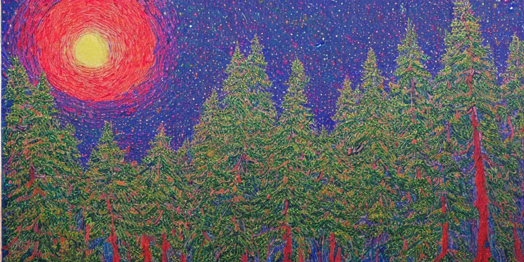 Image similar to 🌲🌌, pointalism, acrylic on canvas, expressionism movement, breathtaking detailed, by blake neubert