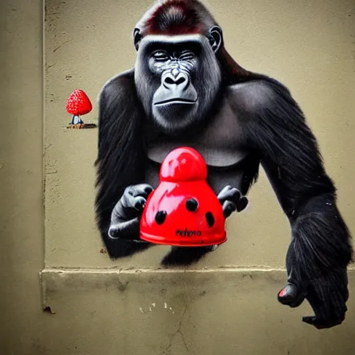 Prompt: gorilla with red headphones on holding a amanita muscaria made by banksy