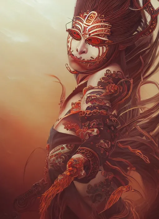 Image similar to a beautiful detailed oil on copper art illustration of a waka onna mask shogun devil woman, centered, by charlie bowater, zeng fanzh, trending on artstation, dim dusk lighting, cinematic lighting, detailed lighting, volumetric lighting, realistic, f 8, 4 k hd wallpaper