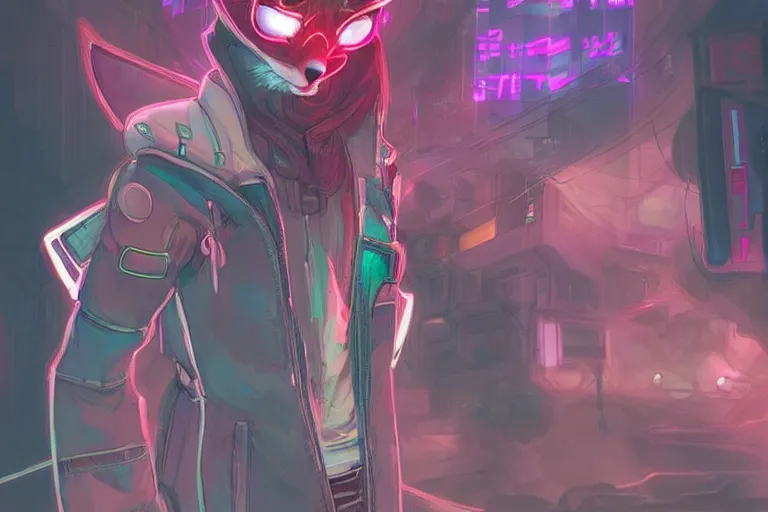 Image similar to a cyberpunk anthropomorphic fox with a fluffy tail, comic art, trending on furaffinity, cartoon, kawaii, backlighting, furry art!!!, neon, concept art