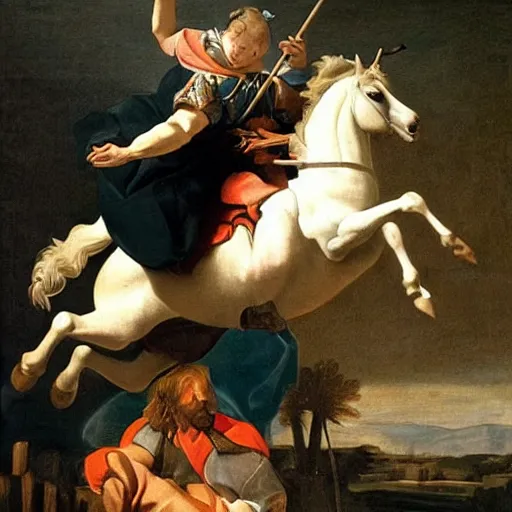 Image similar to a baroque painting of jake paul riding a unicorn, ultra detailed, intricate, dramatic, award winning art by caravaggio,