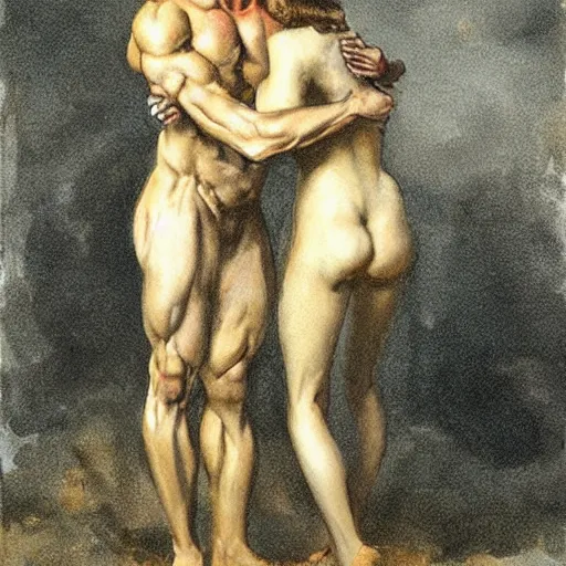 Prompt: an muscular man hugging a woman, fine painting, victorian