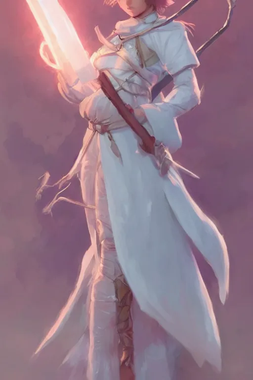 Image similar to 3 / 4 portrait of a cute white mage with a staff in mage armor, soft, pink and blue, artgerm and and greg rutkowski, trending on artstation