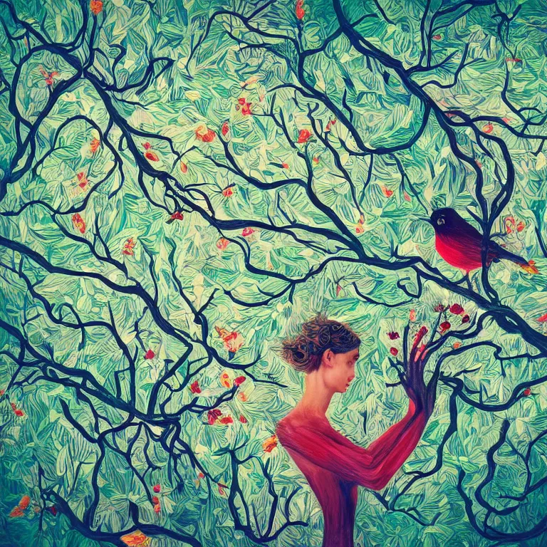 Image similar to human with the sea and the forest inside, veins diverge through the body like rivers filmed on a satellite, a person is decorated with wild berries, a beautiful bird is looking at him next, colorful picture