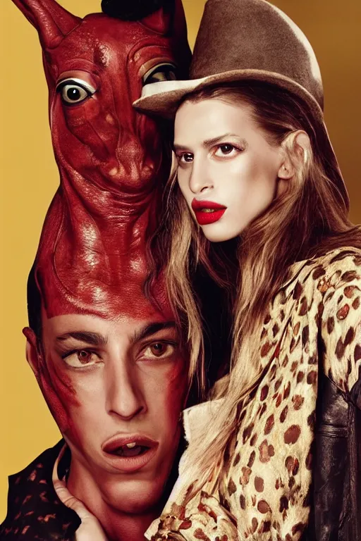 Image similar to dolce & gabbana campaign featuring jar jar binks as a female cowgirl, long eyeslashes, huge juicy lips, big seductive eyes, shot by mario testino, realistic vfx simulation