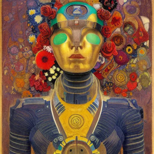 Prompt: a robot wearing a mask made of flowers, by annie swynnerton and diego rivera and nicholas roerich and jean delville, symbolist, dramatic lighting, elaborate geometric ornament, art brut, soft cool colors, smooth, sharp focus, extremely detailed, adolf wolfli and donato giancola and dan munford