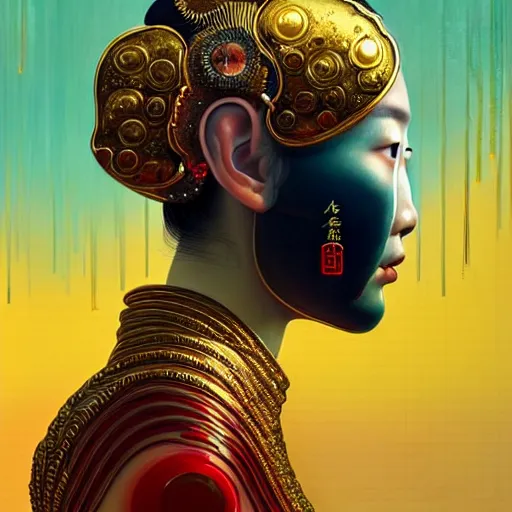 Prompt: portrait of a chinese woman :: side profile :: blood :: background sea :: intricate details in gold :: oxygen implant :: 8k :: simon stalenhag and Sandra Chevrier