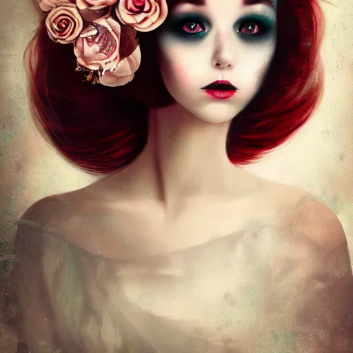 Prompt: of a woman,surreal Portrait inspired by Natalie Shau,Anna Dittman,flower crown,coral ,horns,cinematic