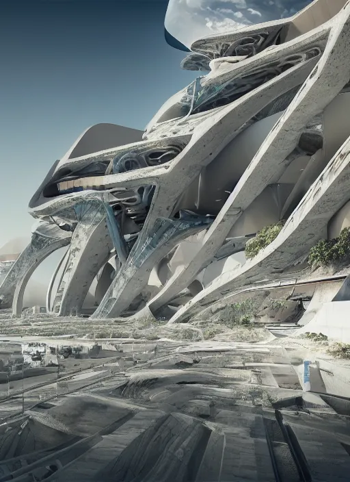 Image similar to bioremediation white mining tailing futuristic architecture in chuquicamata, epic, cinematic, hyperealistic, high detailed, corona render, hdr, ray tracing