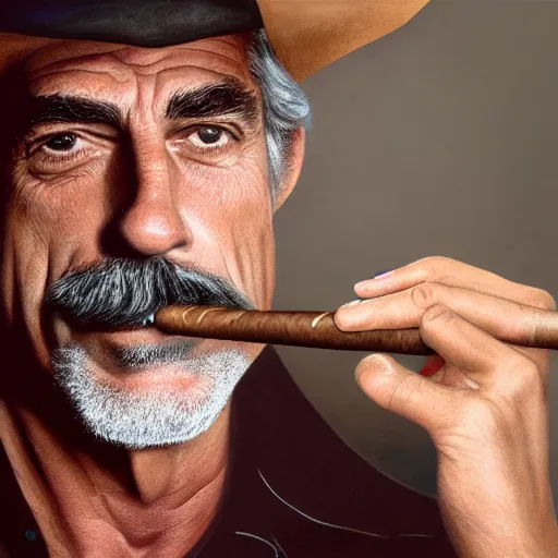 Prompt: hyperdetailed, hyperealistic, 4 k portrait of sam elliot smoking a cigar