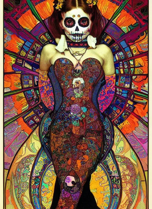 Prompt: realistic detailed psychedelic poster art of a cute punk goth fractal Día de los Muertos girl posing by Victor Moscoso Rick Griffin Alphonse Mucha Gustav Klimt, masterpiece