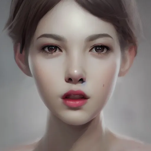 Image similar to a stunning artstation style portrait painting of grace charis, in the style of WLOP, eyes completely white, 8k masterpiece, curvy, slim build, full body, wide view cinematic lighting, pristine clean design, realistic, irresistable, insanely detailed,