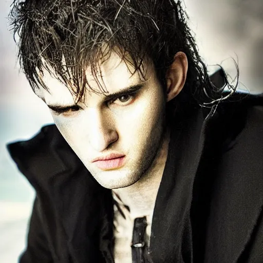 Image similar to portrait of the sandman morpheus ， no beard tom sturridge, and eyes like stars, rules dream world, with dream kingdom in the background,, wearing dark cloak