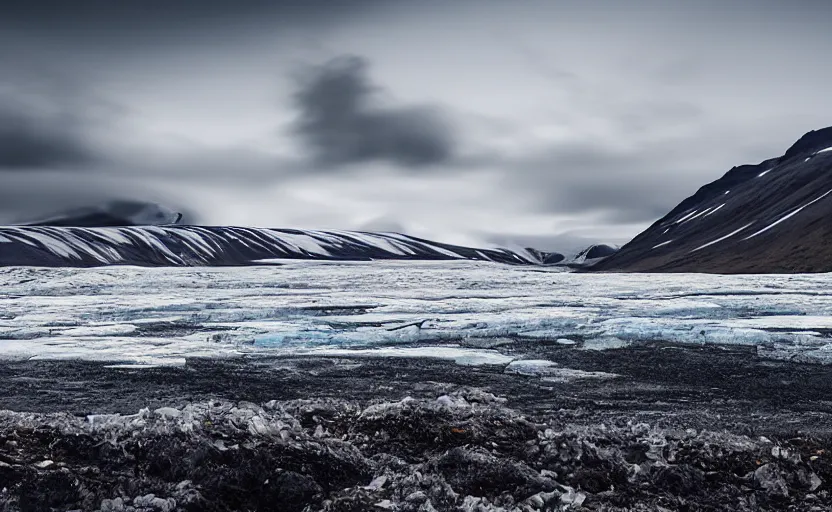 Image similar to icelandic landscape, moody, cinematic, muted colors, glaciers, ice, water