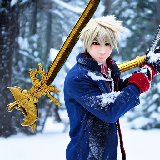 Image similar to of sora cosplay holding keyblade with snow background