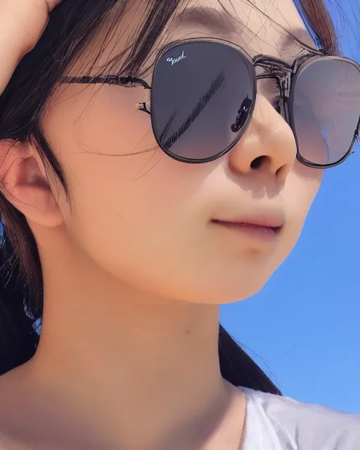 Image similar to low angle iphone HDR photo of beautiful swag Iwakura Lain as a fit slender surfer wearing rayban shades in Florida, 35mm, cinematic, trending on Instagram, trending on ArtStation, by WLOP, 8k, 4k, HD