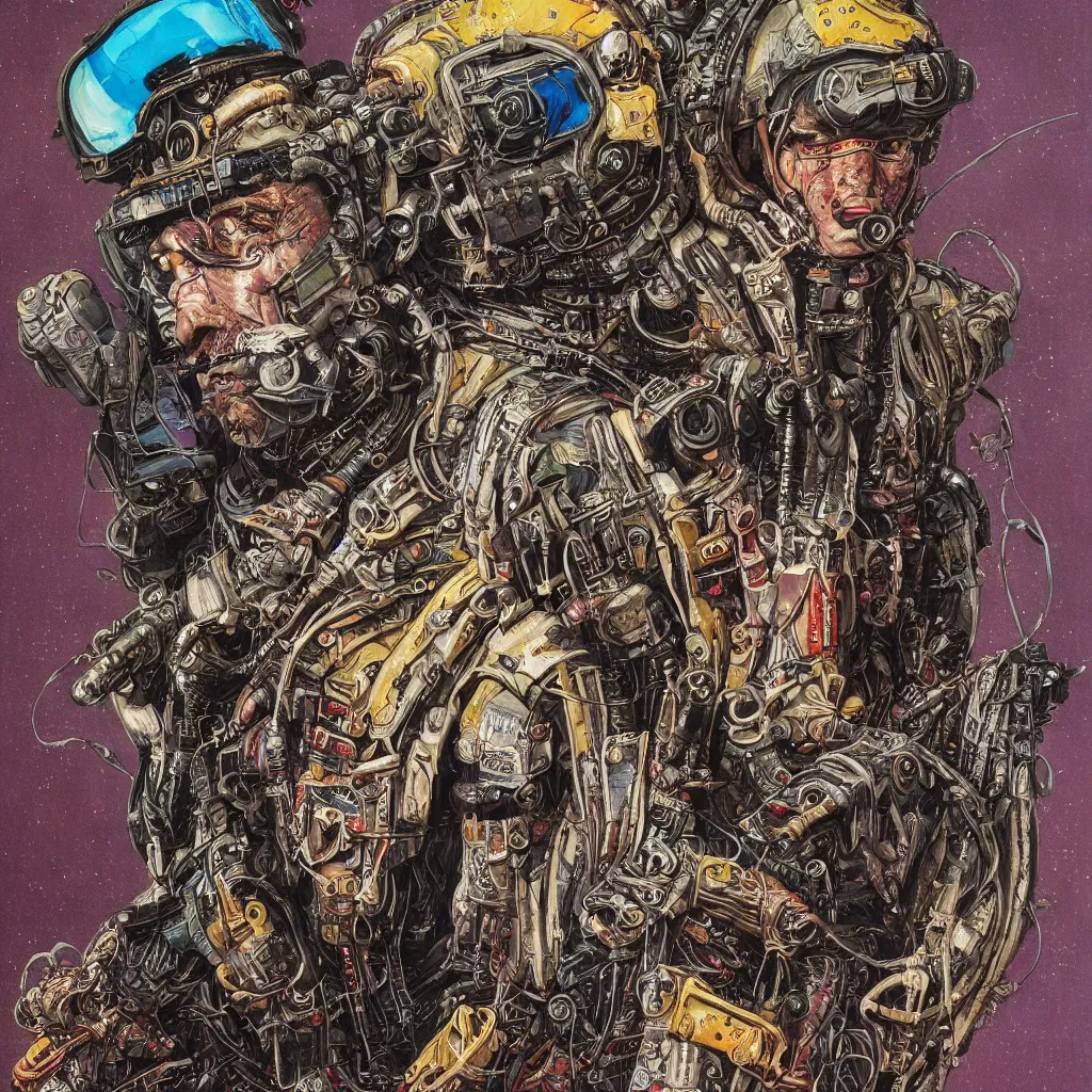 Prompt: A dramatic full-color cyberpunk art nouveau styled bust portrait of philthy animal taylor as a futuristic space punk rebel drum soldier, hyperdetailed mixed media artwork combining the styles of Travis Charest, Michael Whelan, Chris Achilleos and Sam Kieth, wild power, stoicism, pessimism, confident shaded eyes, tarnished and rusted metal, wrought iron architecture, perfectly symmetrical facial features, 8k, deeply hyperdetailed, cinematic lighting, realistic mechanical details, 8k, UHD, HDR