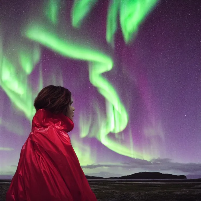 Image similar to closeup portrait of a woman wrapped in plastic, standing in stewart island in new zealand, aurora australis southern lights in background, color photograph, by vincent desiderio, canon eos c 3 0 0, ƒ 1. 8, 3 5 mm, 8 k, medium - format print